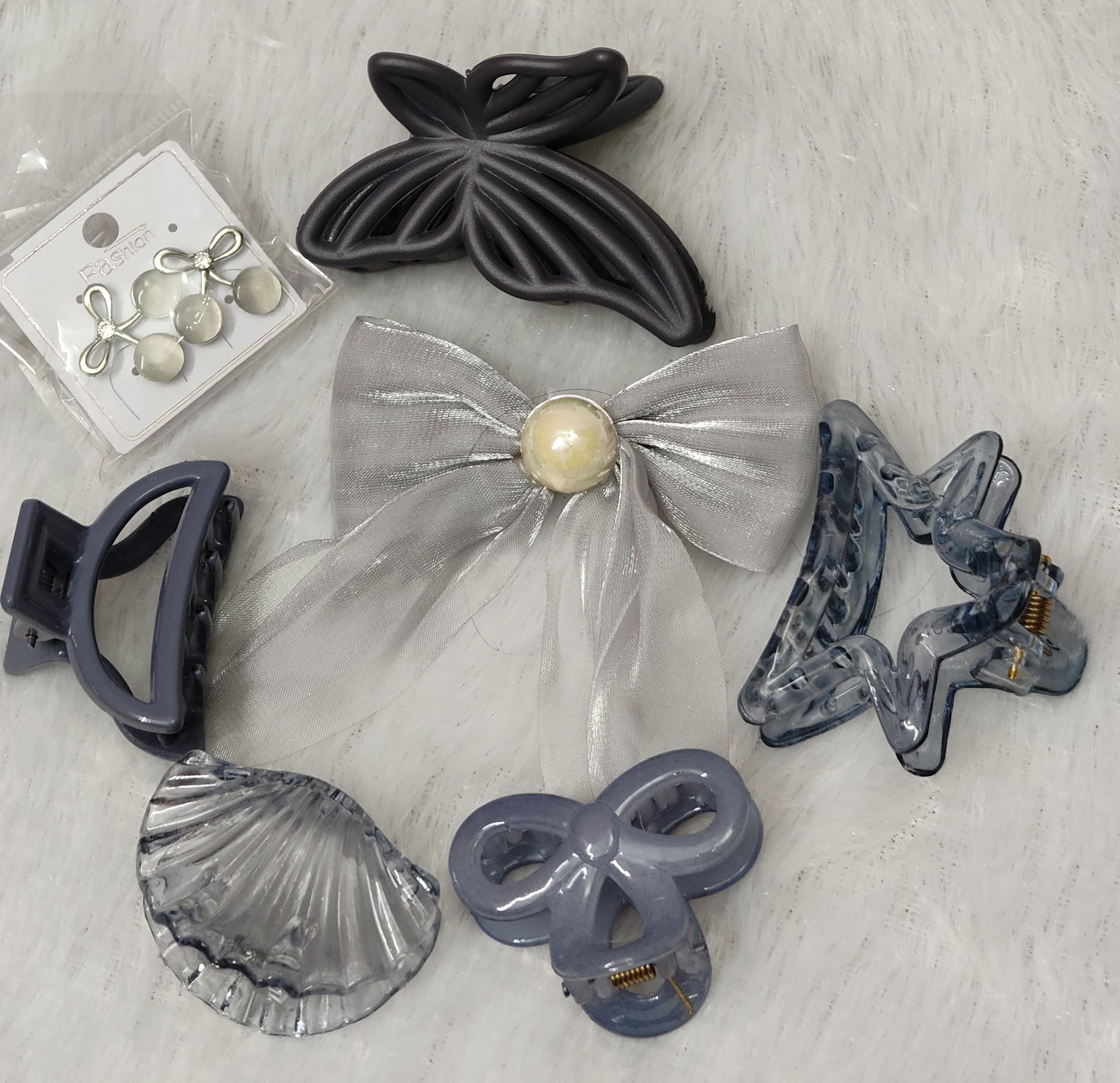 Elegant Grey Hair Accessories Combo | Premium Hair Clips & Bow Set with Earrings