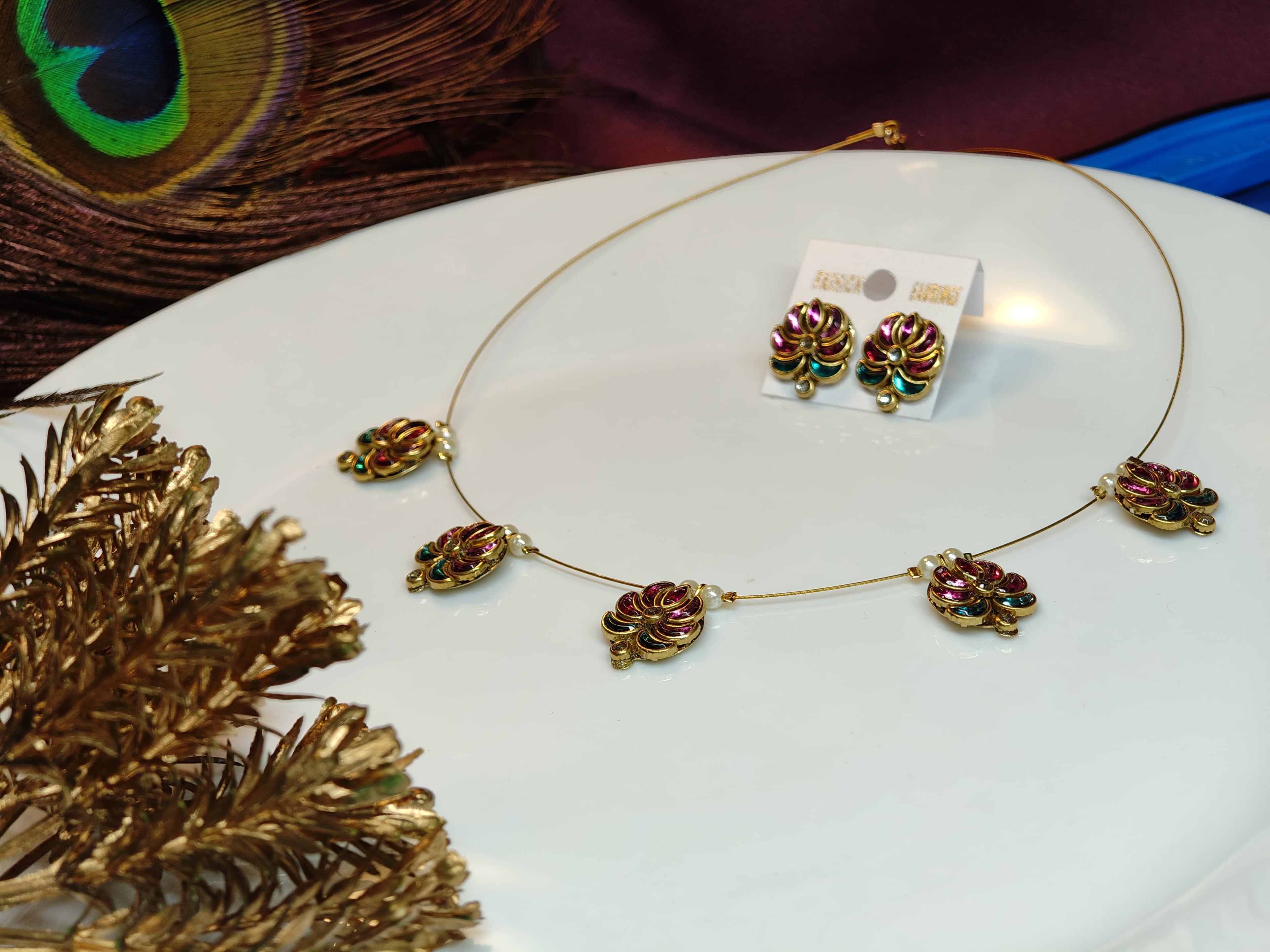 Traditional Floral Necklace Set with Stud Earrings | Anti-Tarnish Stainless Steel Ethnic Jewellery Set