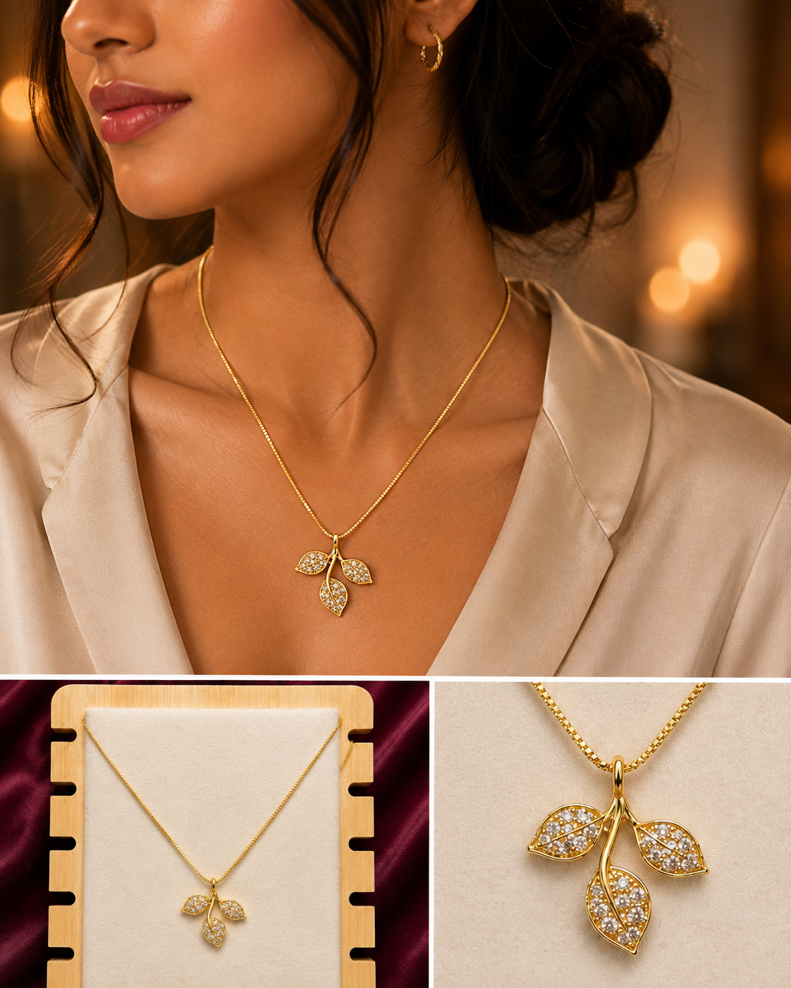 Anti-Tarnish Triple Leaf Crystal Pendant Necklace