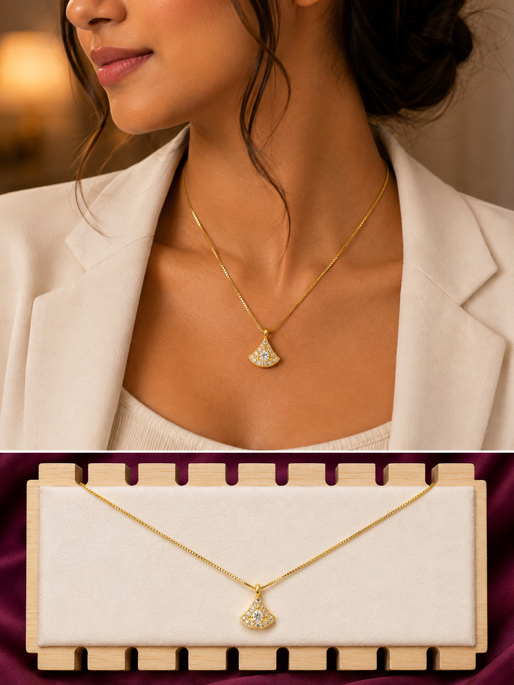 Anti-Tarnish Fan Crystal Pendant Necklace | 316L Stainless Steel