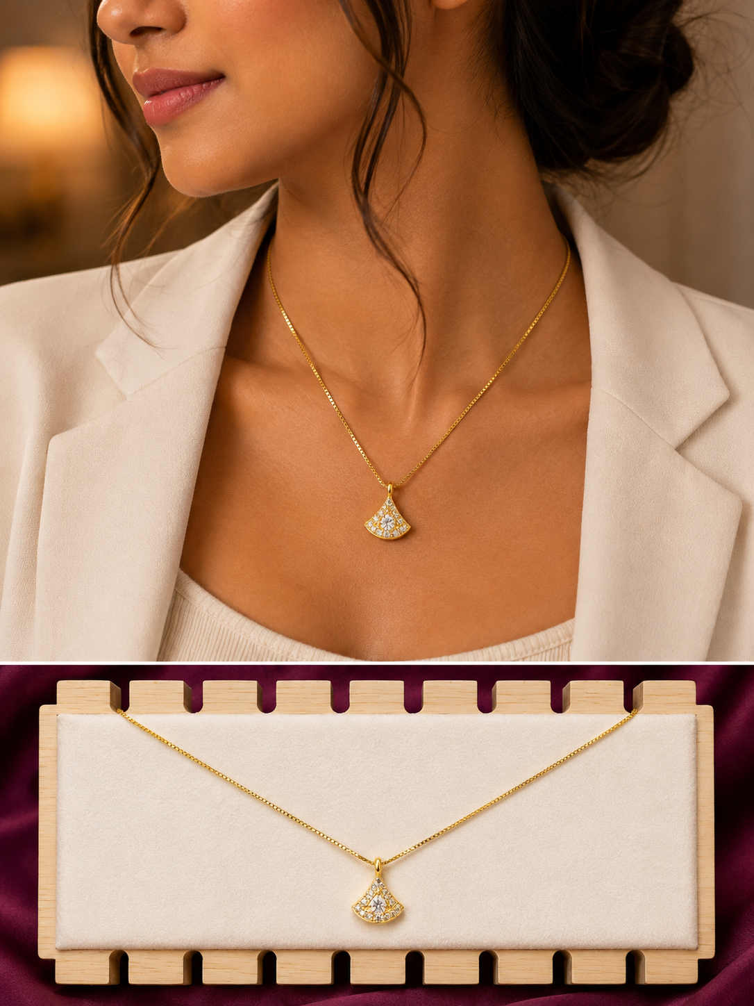 Anti-Tarnish Fan Crystal Pendant Necklace | 316L Stainless Steel