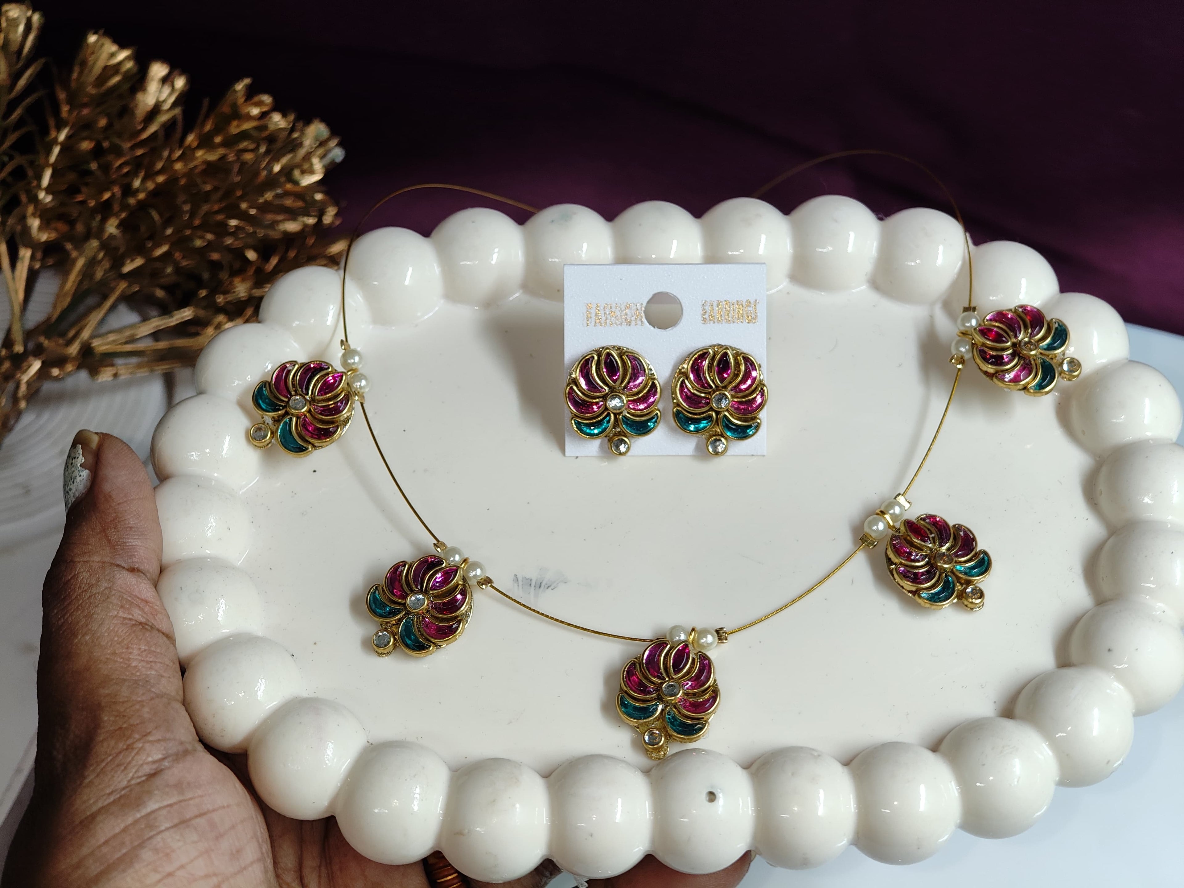 Traditional Floral Necklace Set with Stud Earrings | Anti-Tarnish Stainless Steel Ethnic Jewellery Set