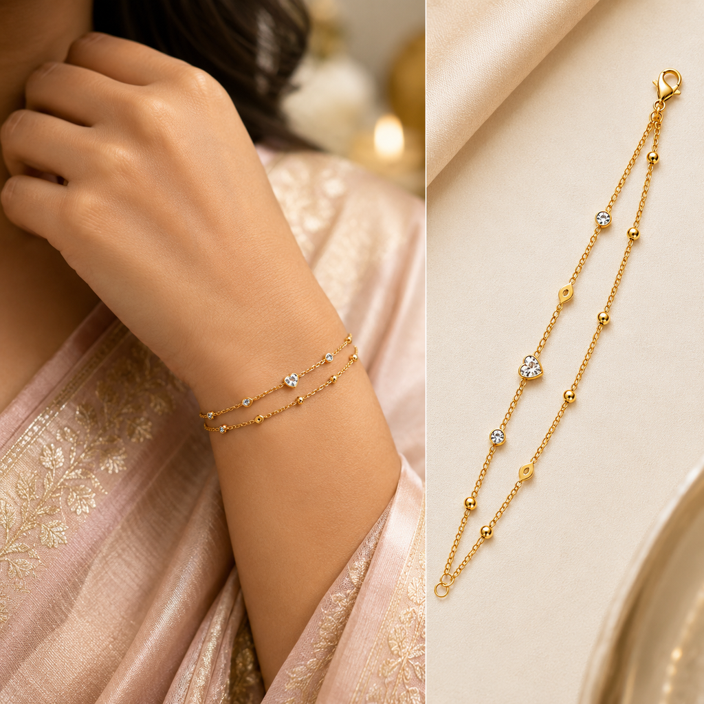 Celeste Double Layer Anti-Tarnish Bracelet | Crystal & Beaded Gold Bracelet for Women