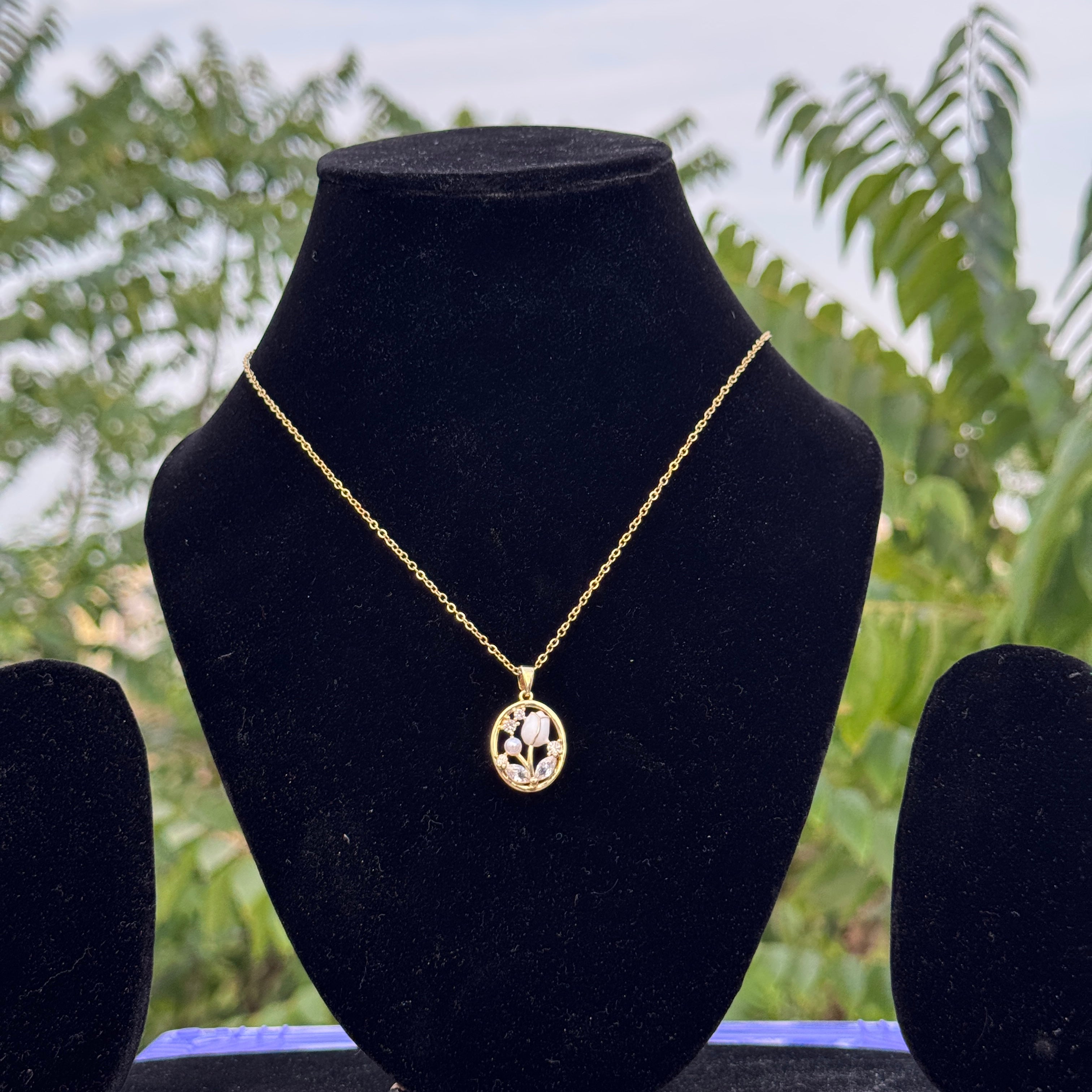 The "Pearl Rose Blossom" Anti-Tarnish Oval Necklace