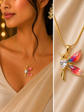 Aurora Fairy Anti-Tarnish Crystal Pendant Necklace | Pink Enamel Fairy Necklace for Women
