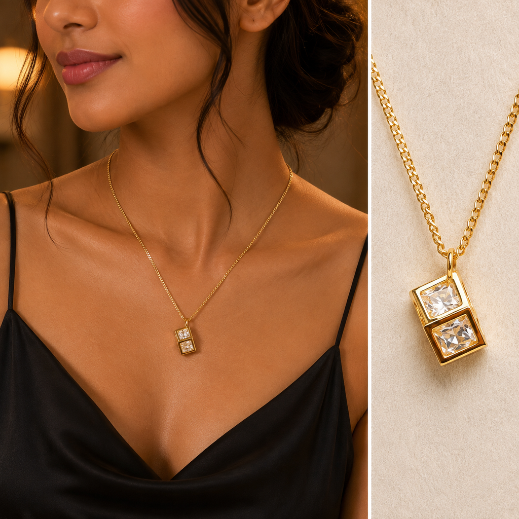 Anti-Tarnish Double Crystal Cube Pendant Necklace