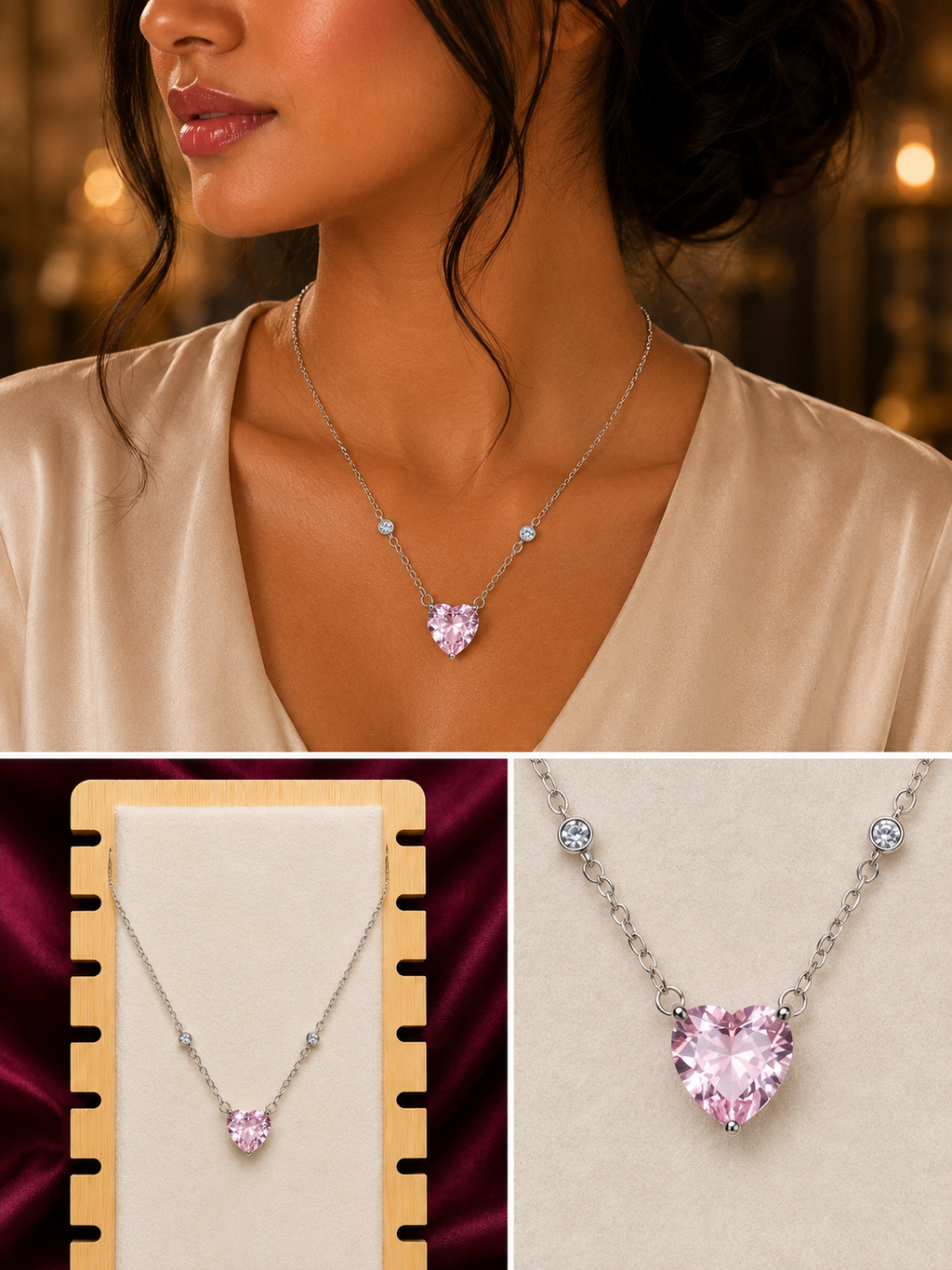 Pink Heart Crystal Necklace | Anti-Tarnish 316L Stainless Steel