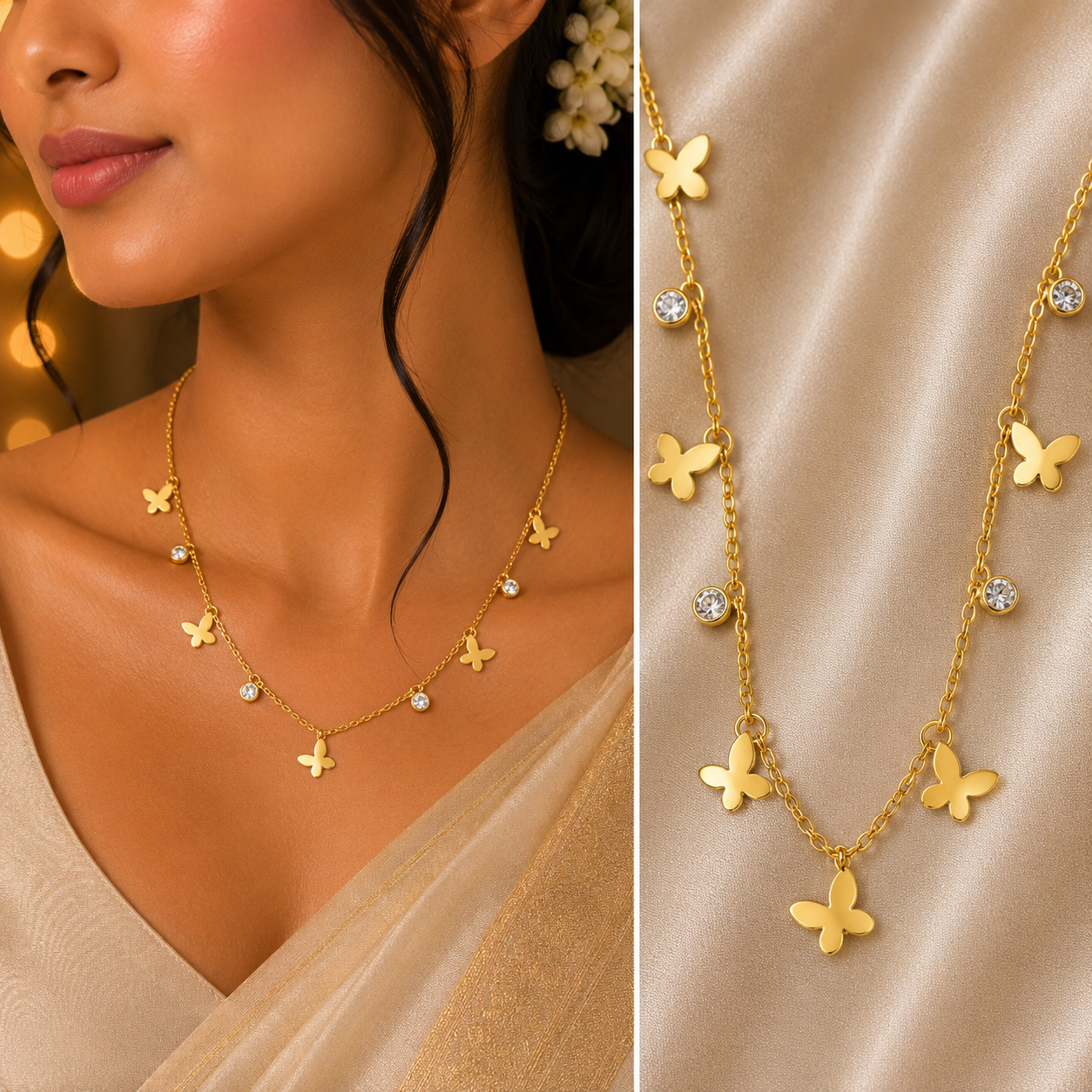 Golden Flutter Anti-Tarnish Butterfly Necklace | Dainty Gold Butterfly & Crystal Necklace for Women