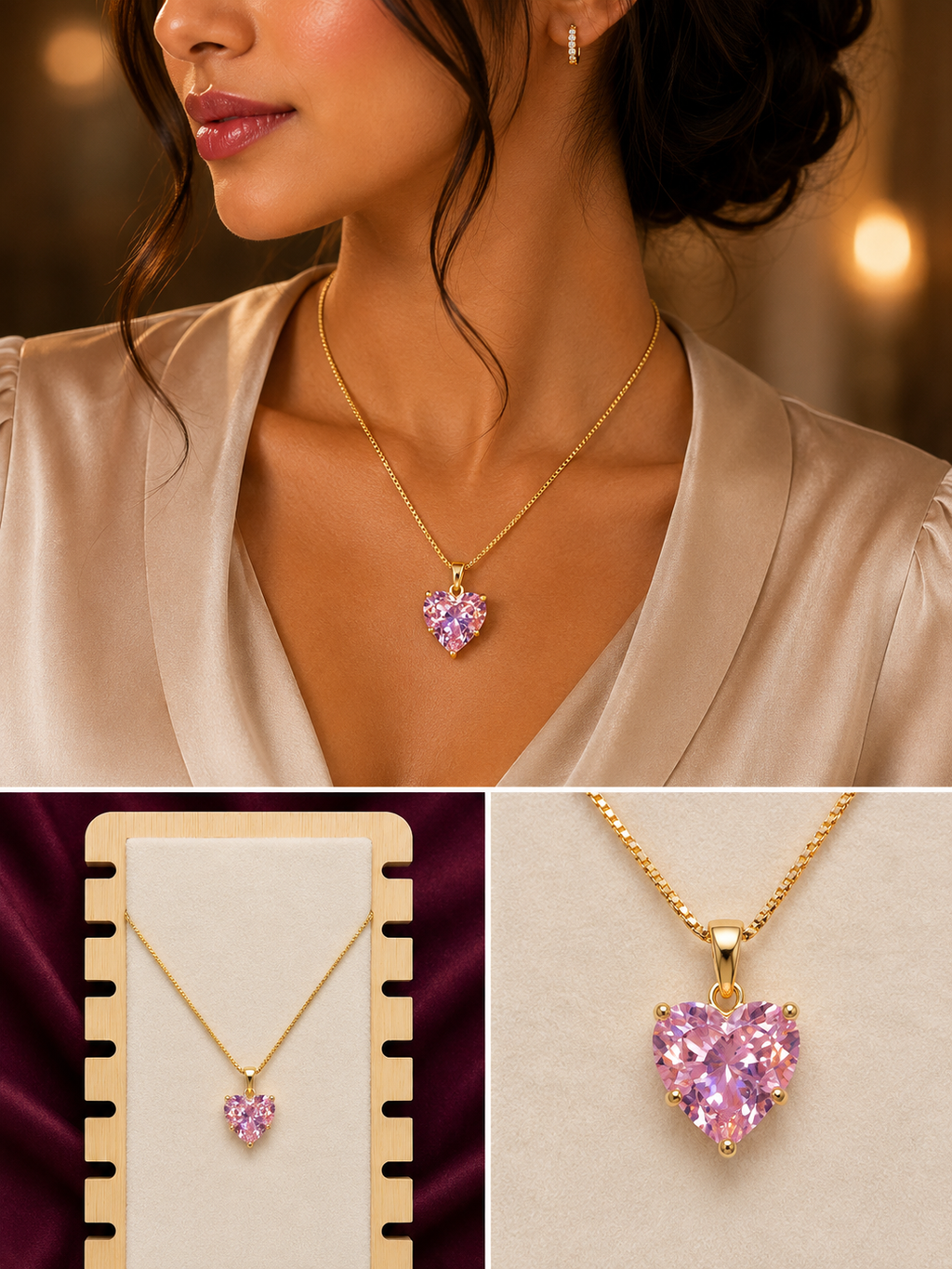 Pink Heart Crystal Pendant Necklace | Anti-Tarnish 316L Stainless Steel