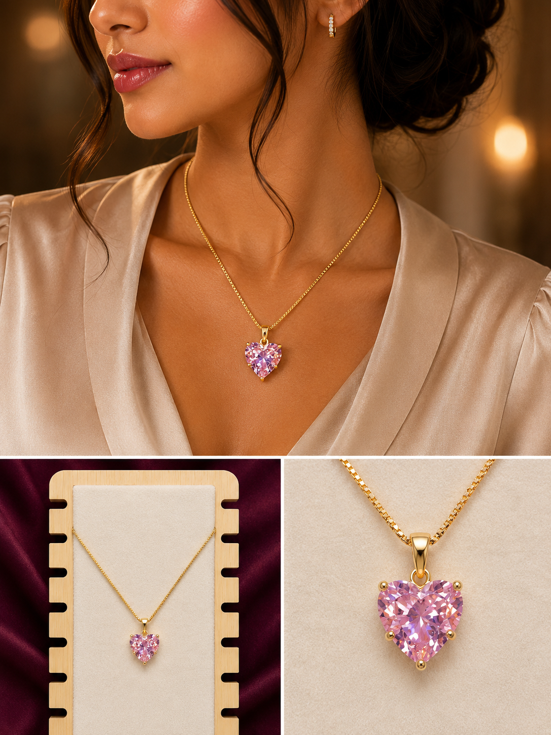 Pink Heart Crystal Pendant Necklace | Anti-Tarnish 316L Stainless Steel