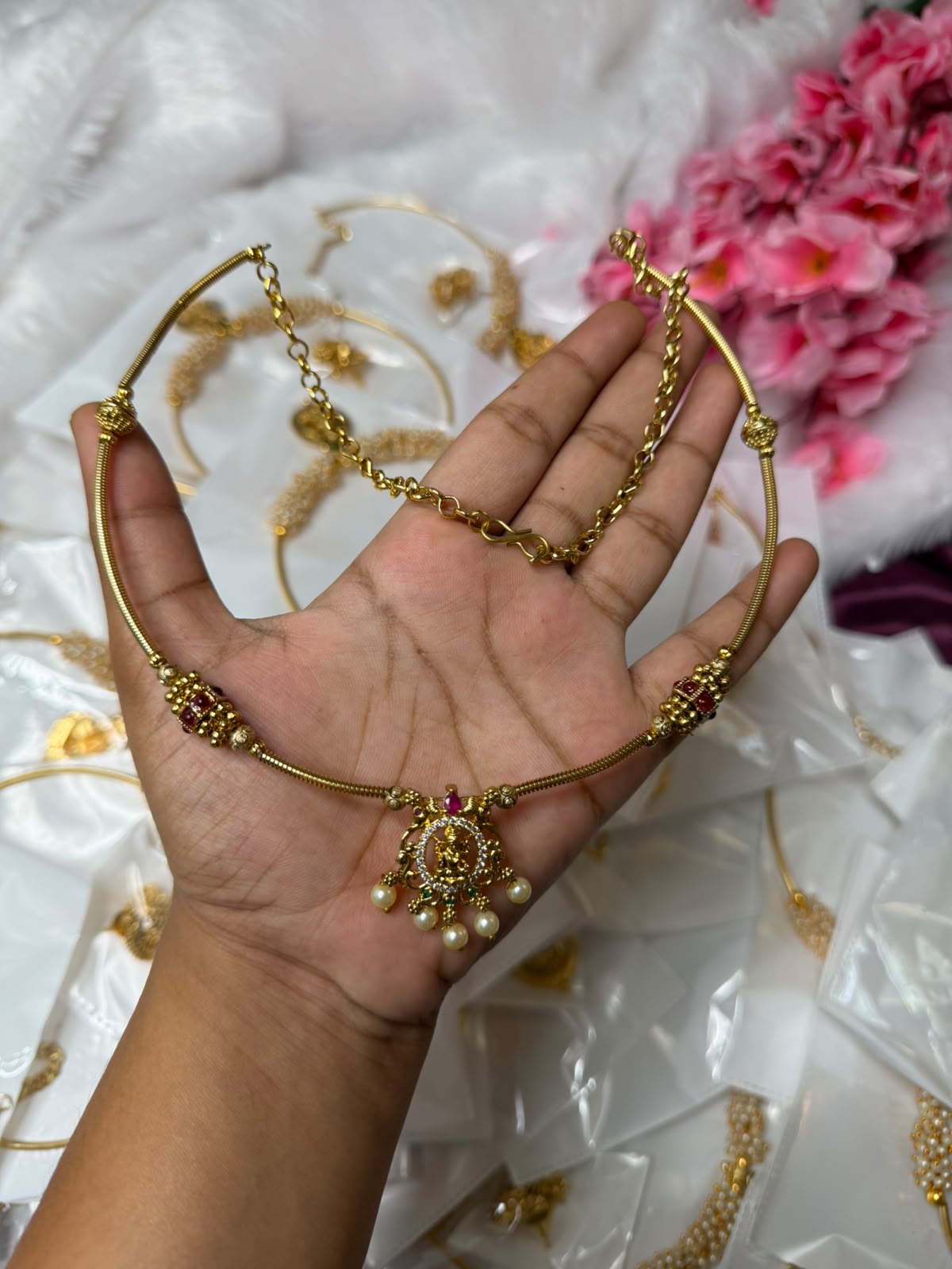 Traditional Lakshmi Temple Pendant Necklace | Anti-Tarnish Stainless Steel Gold Necklace with Pearl Drops