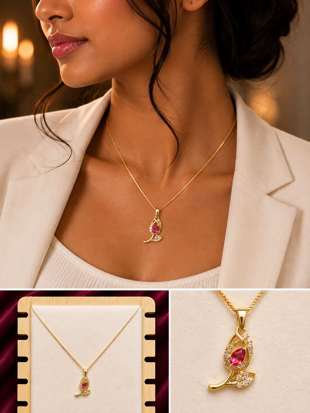 Anti-Tarnish Floral Crystal Pendant Necklace