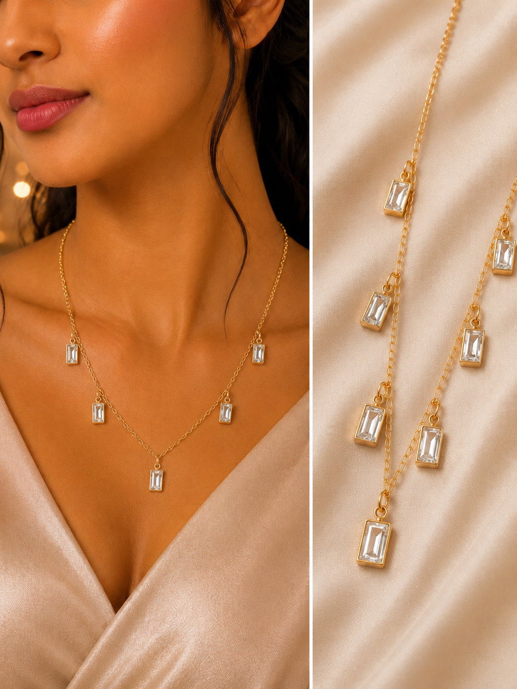 Midnight Crystal Station Necklace | Anti-Tarnish Black Baguette Charm Necklace for Women