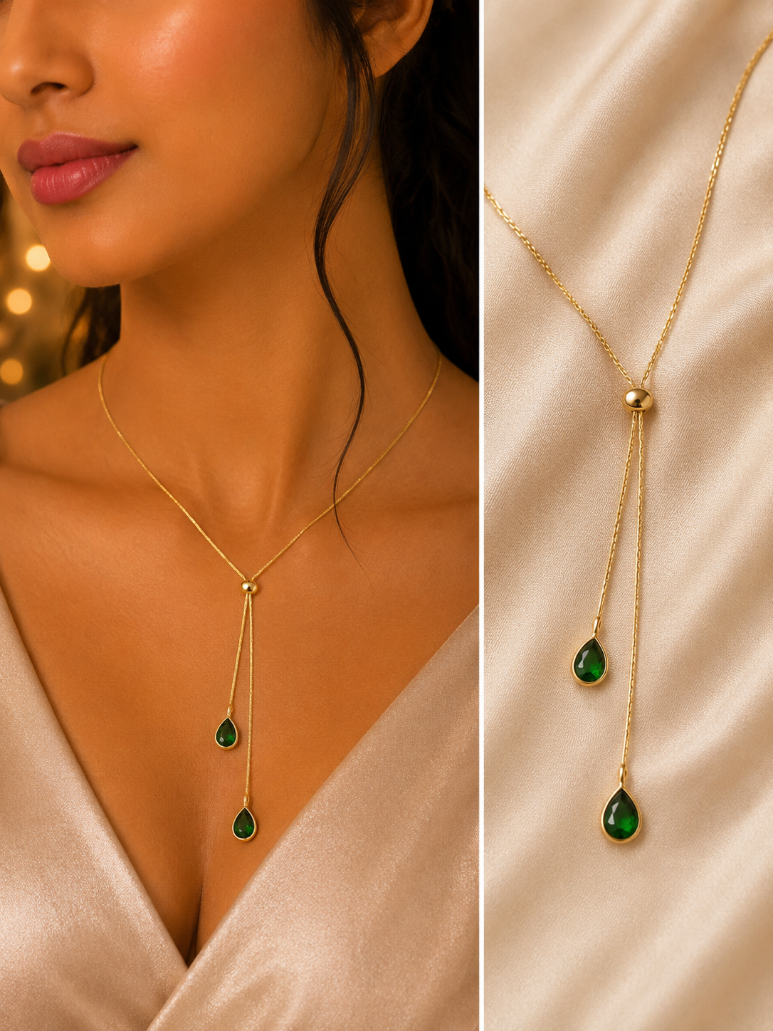 Emerald Drop Lariat Necklace | Anti-Tarnish Adjustable Y Necklace for Women