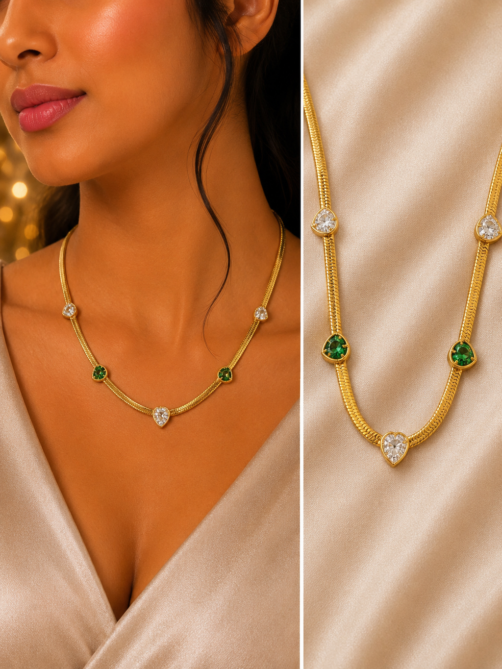 Emerald Charm Snake Chain Necklace | Anti-Tarnish Green & Crystal Station Necklace for Women