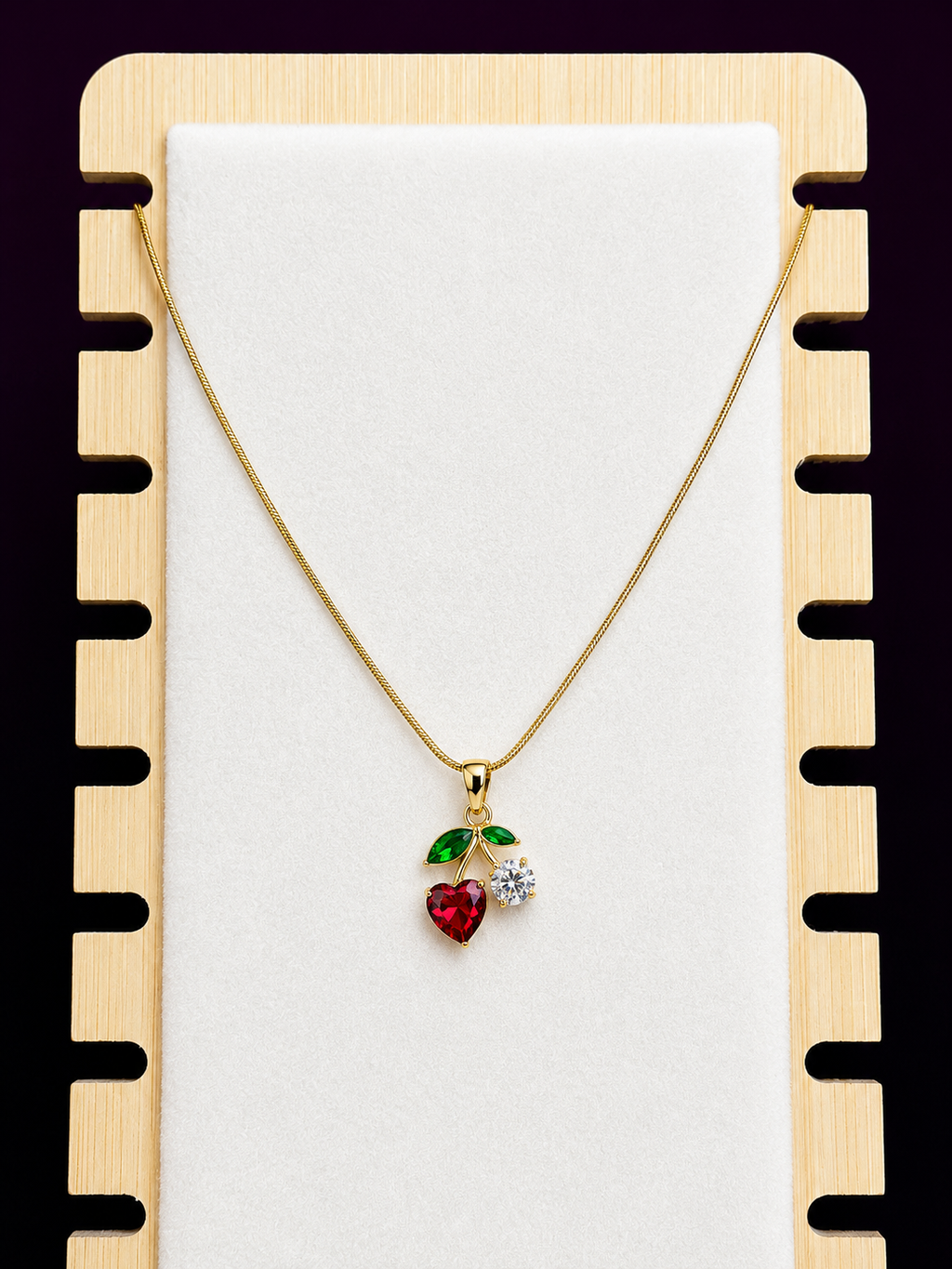 Cherry Bloom Anti-Tarnish Pendant Necklace | Crystal Cherry Gold Necklace for Women