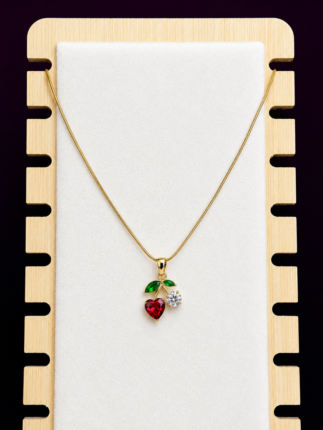 Cherry Bloom Anti-Tarnish Pendant Necklace | Crystal Cherry Gold Necklace for Women