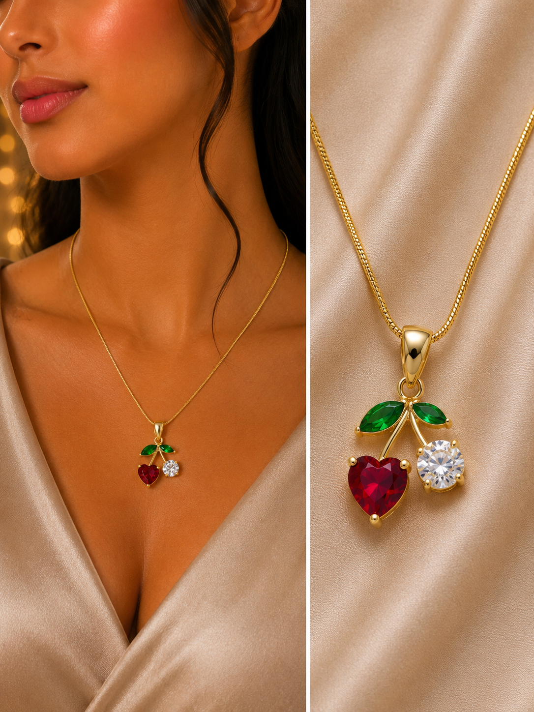 Cherry Bloom Anti-Tarnish Pendant Necklace | Crystal Cherry Gold Necklace for Women
