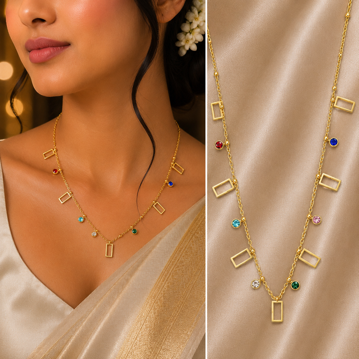 Aurora Multi-Charm Anti-Tarnish Necklace | Colorful Geometric Gold Necklace for Women