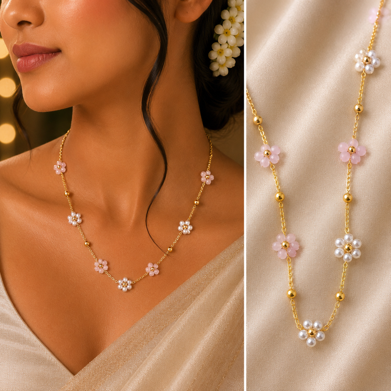 Blush Blossom Pearl Anti-Tarnish Floral Necklace | Gold Beaded Daisy Necklace for Womens