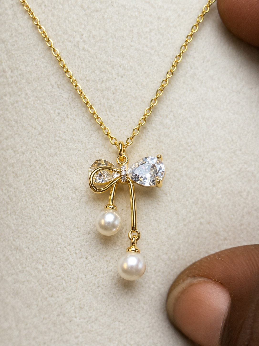 Pearl Bow Anti-Tarnish Pendant Necklace | Gold CZ Bow Necklace for Women