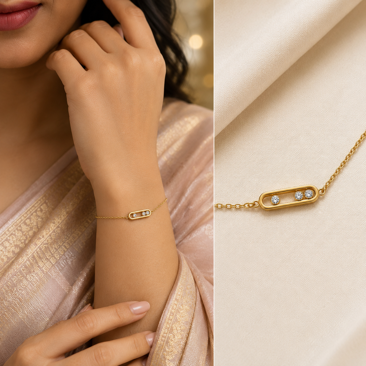 Minimalist Triple Floating CZ Bar Anti-Tarnish 316L Stainless Steel Bracelet | Gold Adjustable Bracelet