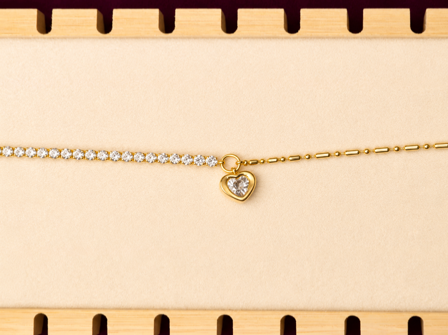 Heart Charm Tennis Anti-Tarnish 316L Stainless Steel Bracelet | Gold Adjustable Crystal Bracelet