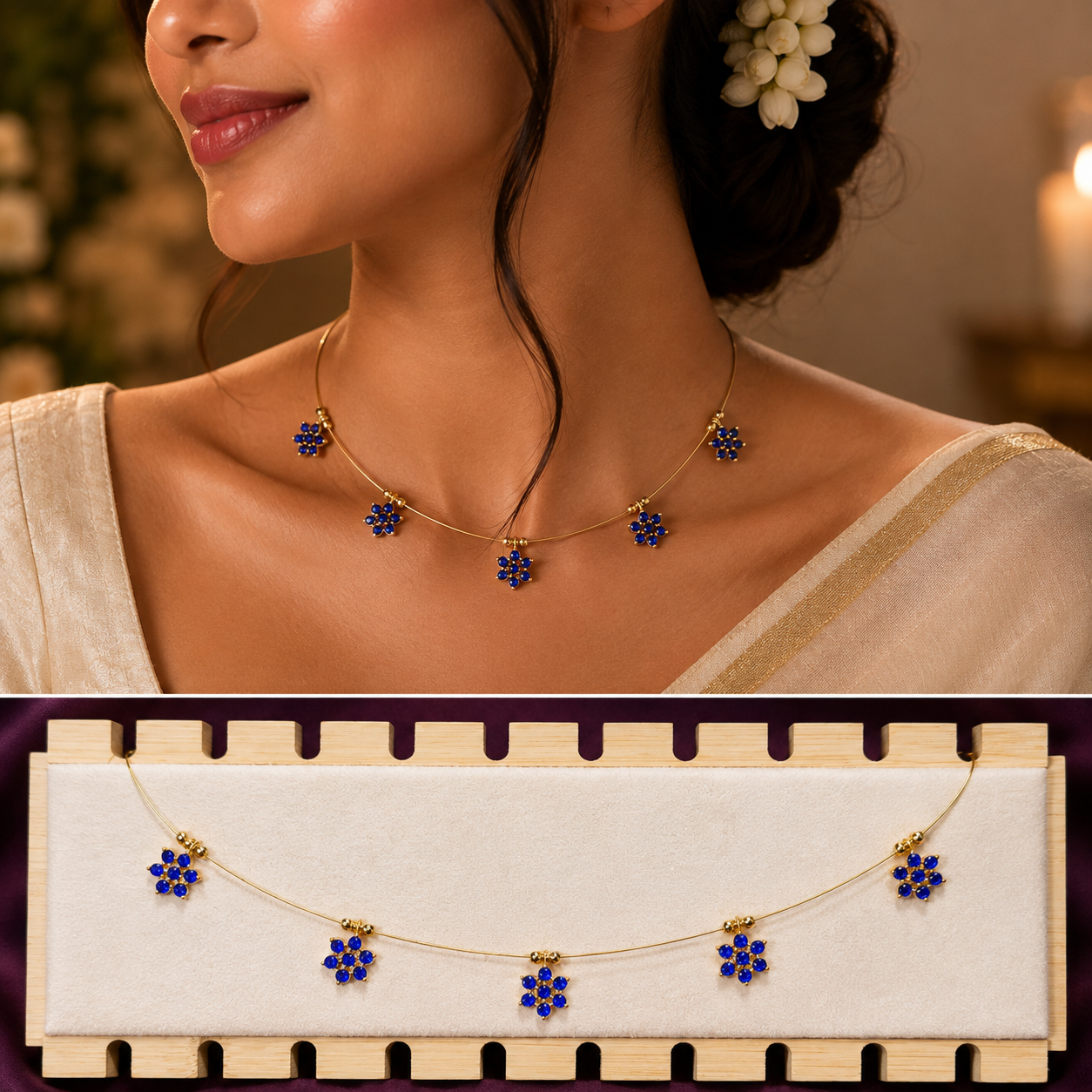 Anti-Tarnish Blue Floral Floating Necklace