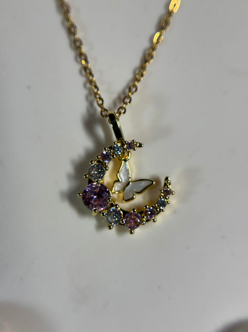 Anti-Tarnish Butterfly Moon Pendant Necklace | Stainless Steel Gold Butterfly Necklace for Women